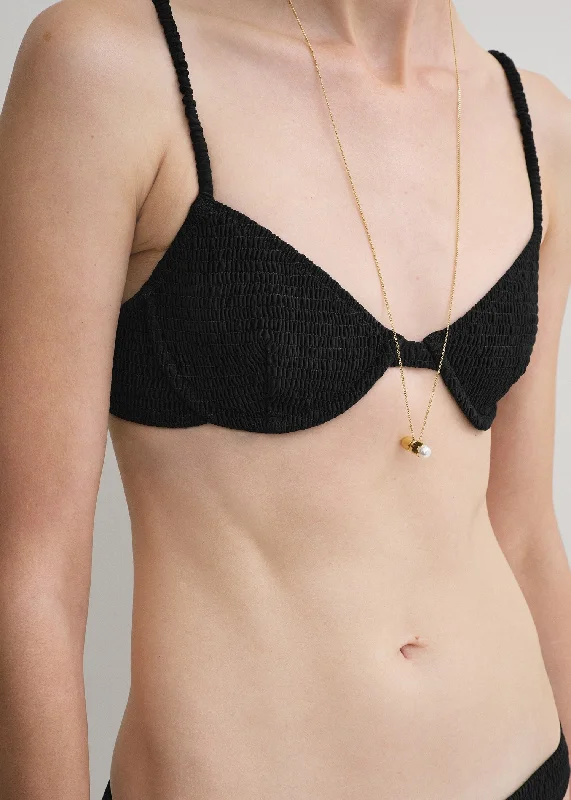 Smocked half-cup bikini top black