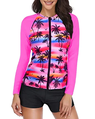 Upf 50+ Swim Shirt With Shorts Two Piece Rash Guard Bathing Suit-Pink Palm