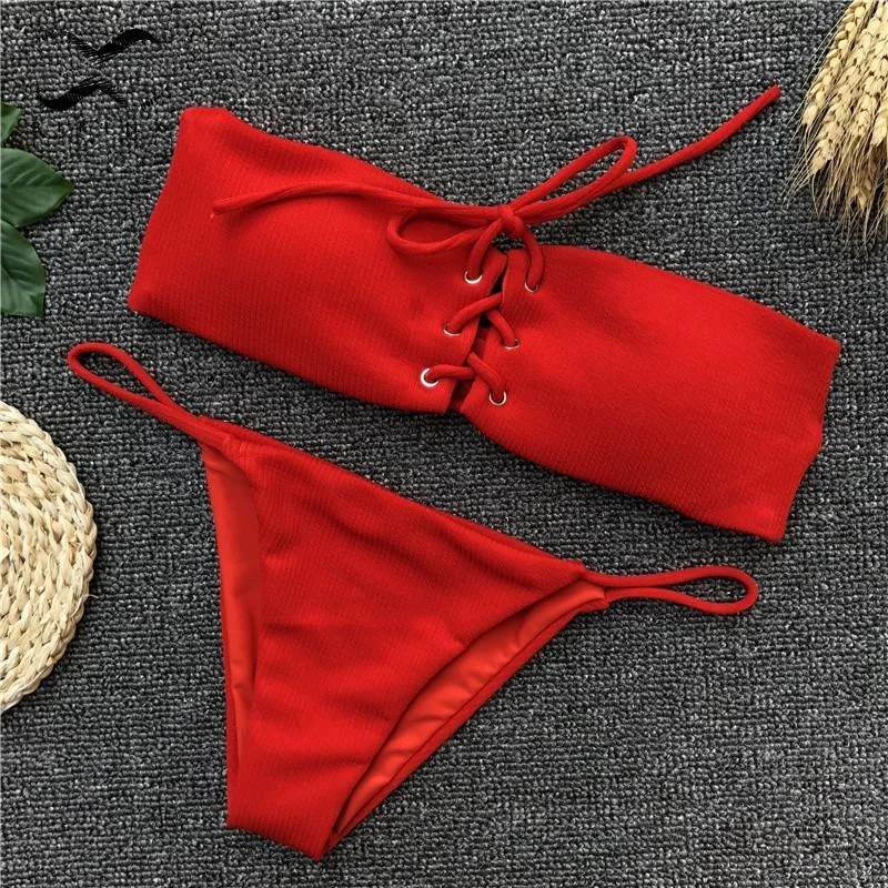 Front tie bikini 2018 lace up bandeau Bikinis Set thong bikini swimwear women 2018 female swimsuit brazilian bikini bathing suit