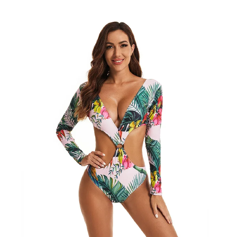 Lulunesy Women’s Long Sleeve Rash Guard One Piece Printed Swimsuit