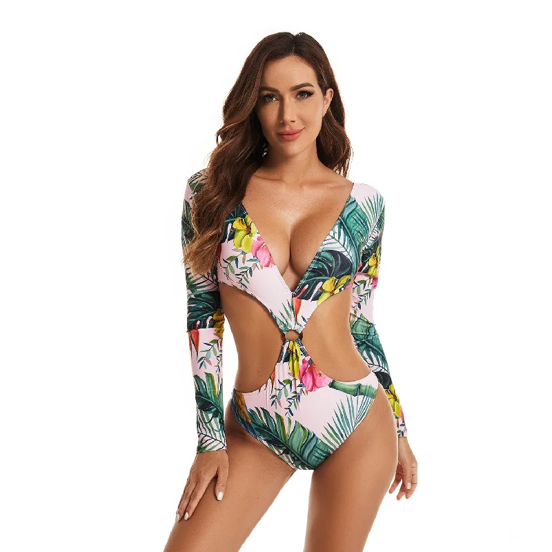 Lulunesy Women’s Long Sleeve Rash Guard One Piece Printed Swimsuit