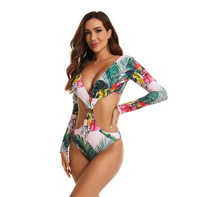 Lulunesy Women’s Long Sleeve Rash Guard One Piece Printed Swimsuit