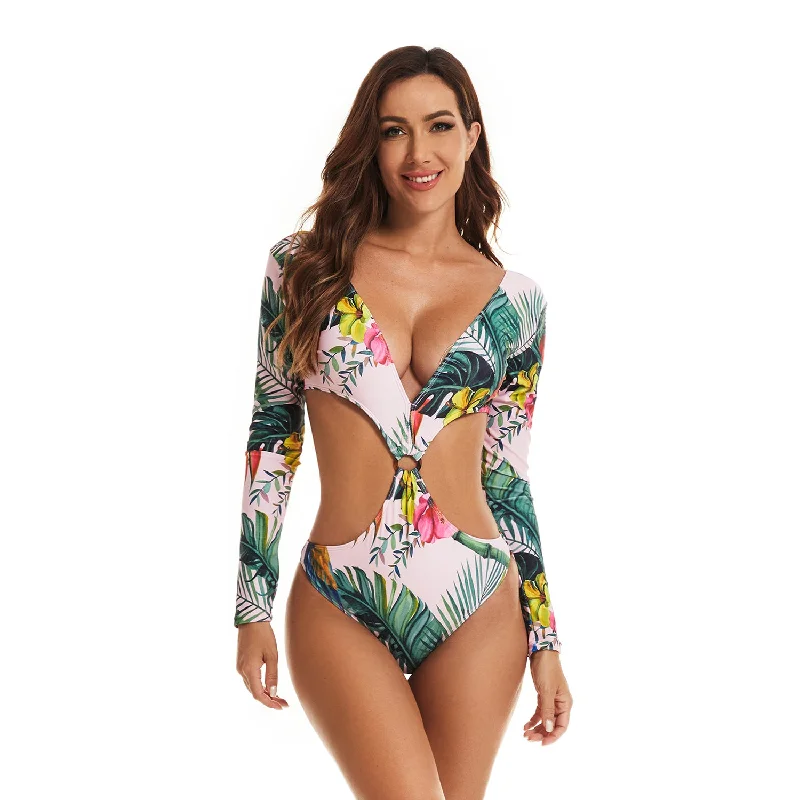 Lulunesy Women’s Long Sleeve Rash Guard One Piece Printed Swimsuit