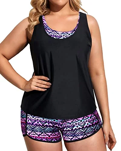 Plus Size 3 Piece Tankini Swimming Set With Sports Bra And Boardshorts-Black And Tribal Purple