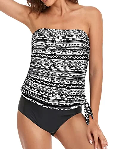 Blouson Bandeau Tankini With Side Tie Bikini Bottoms-Black Tribal