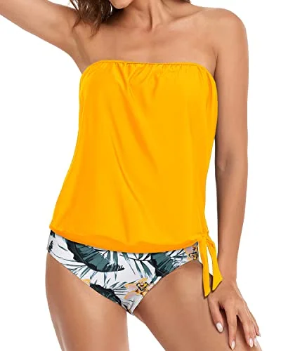 Strapless Tankini Bathing Suits With Tummy Control For Juniors-Yellow Flowers