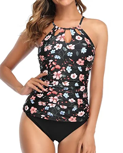 High Neck Ruched Two Piece Tankini Bathing Suit With Push Up Bra For Women-Black And Pink Floral