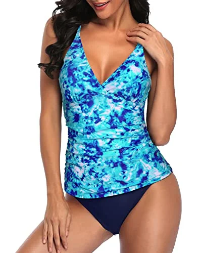 Two Piece Super Slimming Style Tankini Sets For Women-Blue Tie Dye