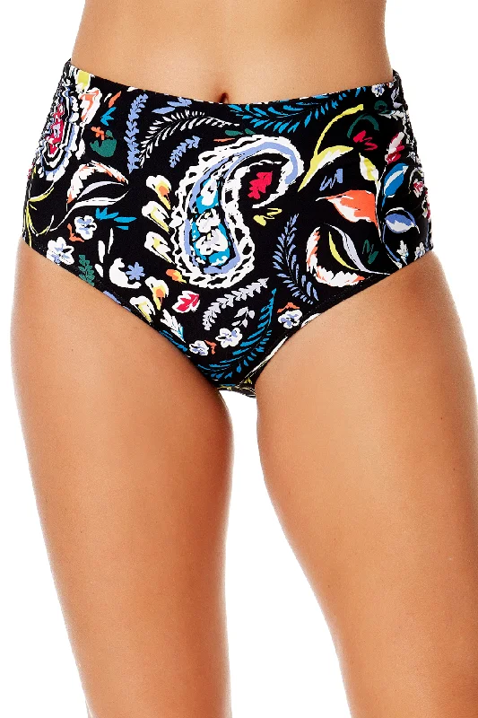 Women's Dance Floor Paisley Fold Over High Waist Shirred Bikini Swim Bottoms