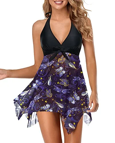 V Neck Mesh Swim Dress With High Waisted Bikini Bottoms-Black And Blue Butterfly