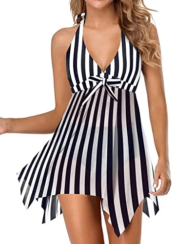 Flowy Halter Bathing Suit Dress Swim Dress Swimsuit For Women-Black Stripe