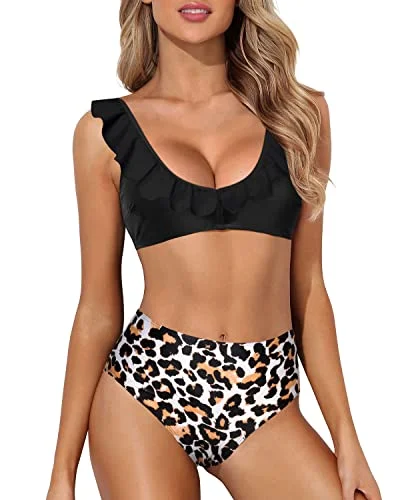 Women's Two Piece Bikini Sets Swimsuit With High Waisted Bathing Suit-Black And Leopard