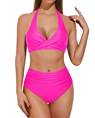 Ruched High Rise Design Halter Top & High Waisted Bikini Sets-Neon Pink