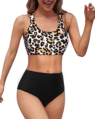 Scoop Neck Athletic And Flattering Look Women Bikini-Black And Leopard