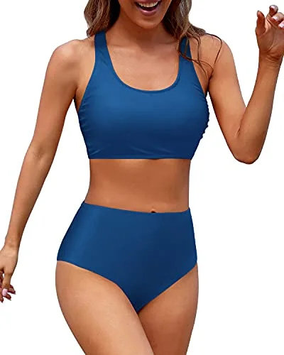 High Cut Legs Women High Waisted Two Piece Sports Crop Top Swimsuit-Royal Blue