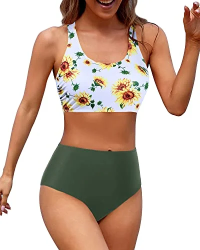 Full Coverage Scoop Neck Bathing Suit For Teen Girls-Sunflower