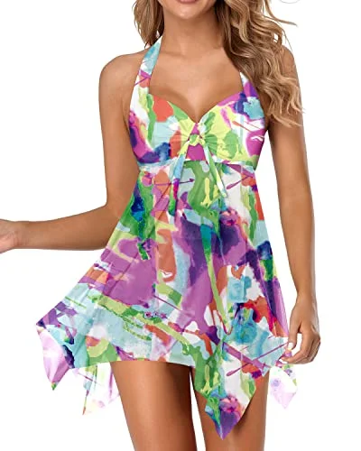 Push Up Bathing Suit Dress With Boyshorts Underwire Swimsuits-Color Tie Dye