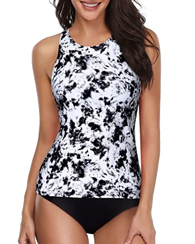 Flattering And Slimming Two Piece Tankinis-Black And White Tie Dye