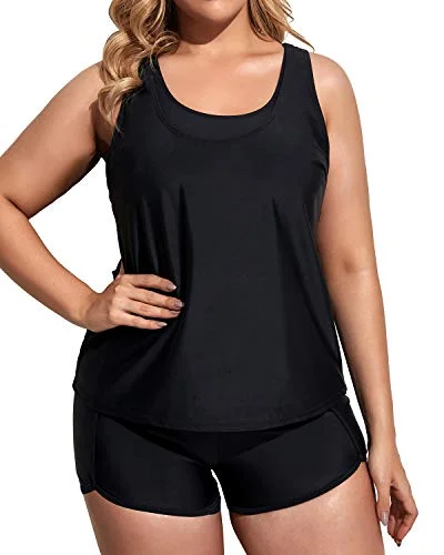 Women's Plus Size 3 Piece Tankini Swimsuit Athletic Bathing Suit With Boy Shorts-Black