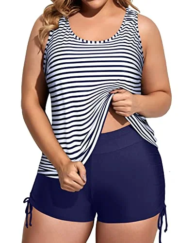 Loose Fit Plus Size 3 Piece Tankini Swimsuits With Tummy Control-Blue And White Stripes