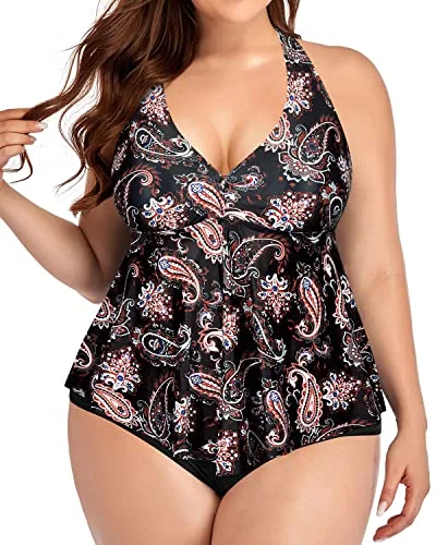 Ruffle Push Up High Waisted Plus Size Tankini Tops For Women-Black Tribal