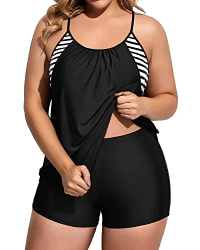 Women Plus Size Two Piece Tankini Set Swimsuits Tummy Control Bathing Suits-Black Stripe