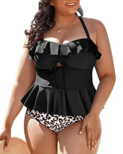 Two Piece Plus Size Swim Tops With Shorts Swimwear-Black And Leopard