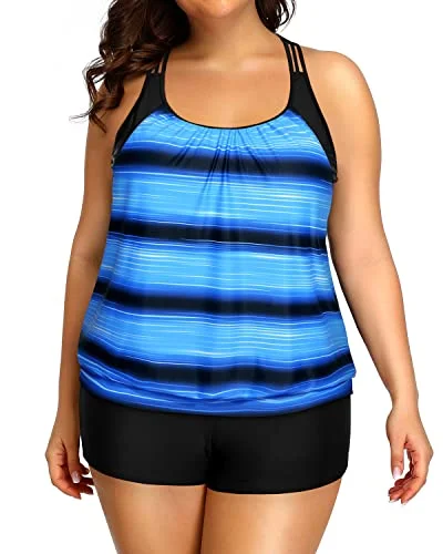 Plus Size Tankini Swimsuit For Ladies Two Piece Tummy Control Bathing Suit-Blue And Black Stripe