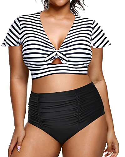 Plus Size Two Piece Bikini Set High Waisted Swimsuits Tummy Control Bathing Suits-Black And White Stripe