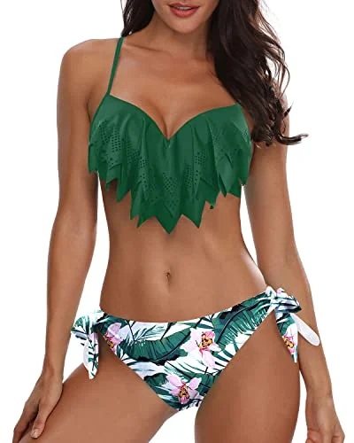 Ruffle Bikini Top With Bottom Two Piece Swimsuit For Women-Green Tropical Floral