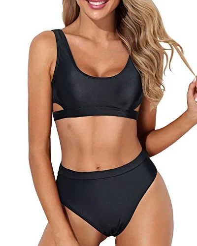 Two Piece High Waisted Bikini Set For Women Sport Swimsuit High Cut Bathing Suit-Black