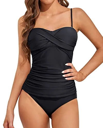 Twist Front Bandeau Tankini With Push Up Cups For Women-Black