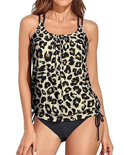 Loose Fitting Blouson Tankini Bathing Suits For Women-Black And Leopard