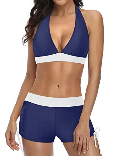 Adjustable Tie Drawstrings Bikini With Boyshort Two Piece Swimsuit-Blue