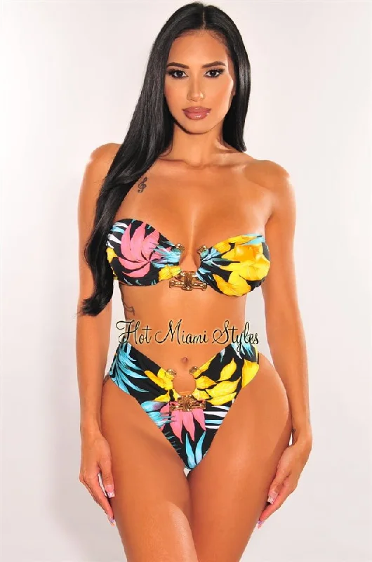 Black Floral Print Padded Bandeau Gold Ring High Cut Bikini