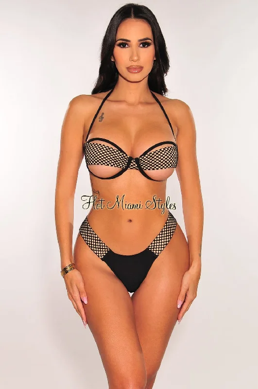 Black Nude Halter Underwire Fishnet Cut Out Tie Up Thong Bikini