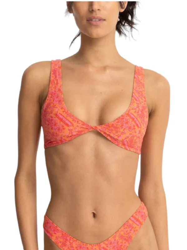 Adia Paisley Reversible Twist Front Bikini Top In Orange