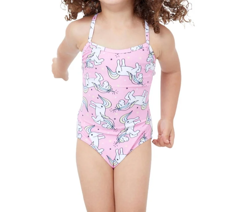 Girls Round Neck One Piece Swimsuit In Gtk Pink Unicorn