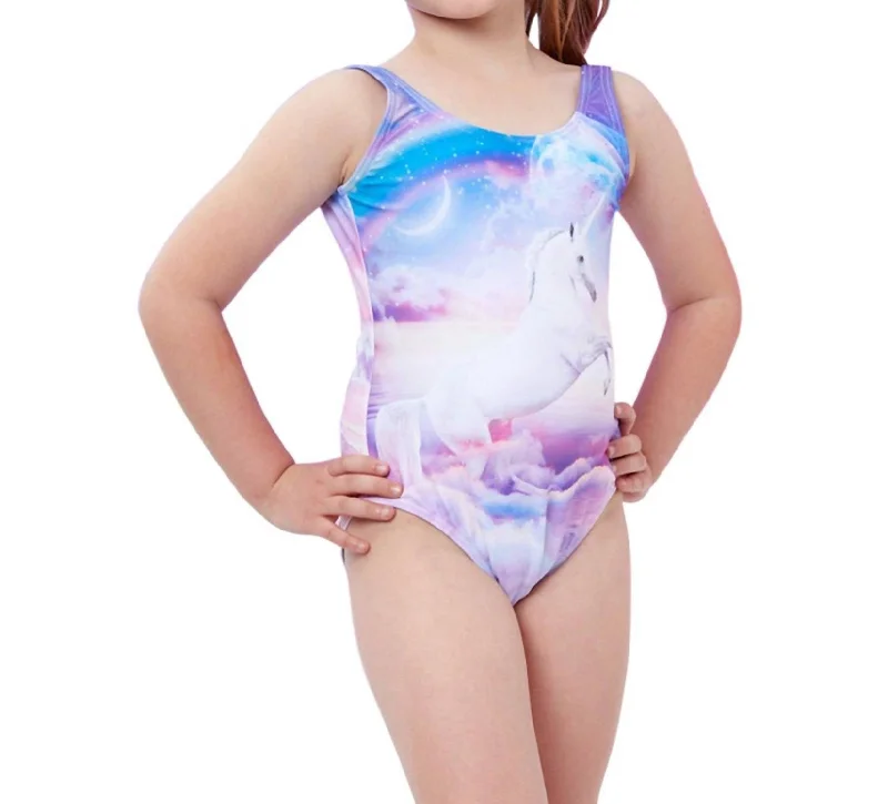 Girls Round Neck One Piece Swimsuit In Gtk Purple Unicorn