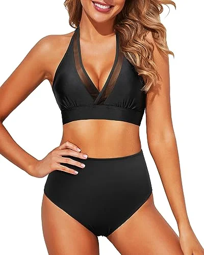 Halter Mesh V-Neck Swim Top & High Waist Two Piece Set