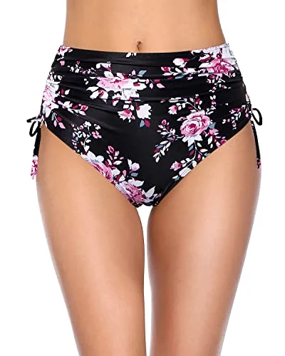 Stylish High Waisted Bikini Bottom With Ample Coverage Swim Bottom-Black And Pink Floral