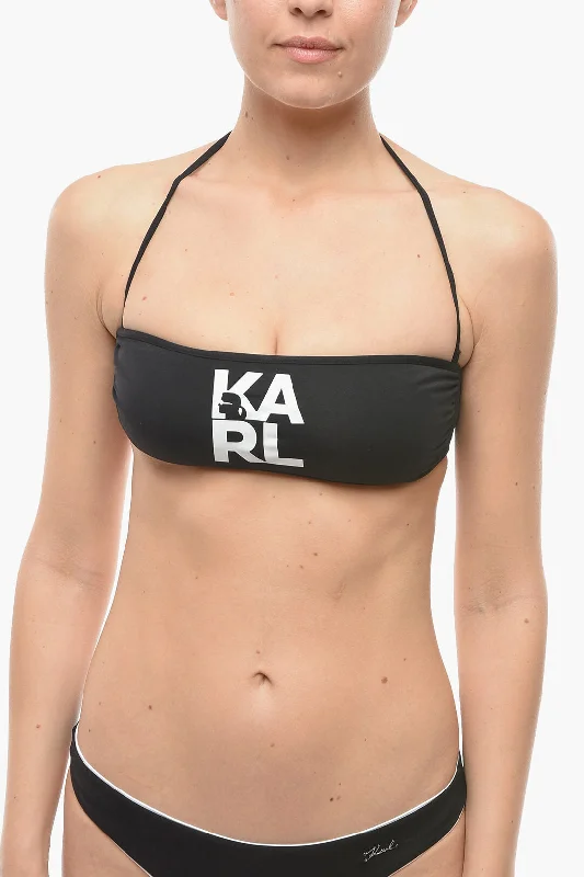 Karl Lagerfeld Solid Color Bandeau Bikini Top with Printed Contrasting Logo