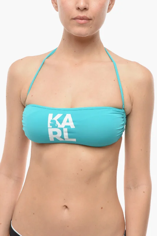 Karl Lagerfeld Solid Color Bandeau Bikini Top with Printed Contrasting Logo