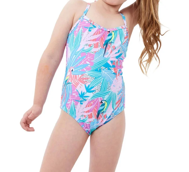 Kids Girls Round Neck One Piece Swimsuit In Gtk Neon Palms