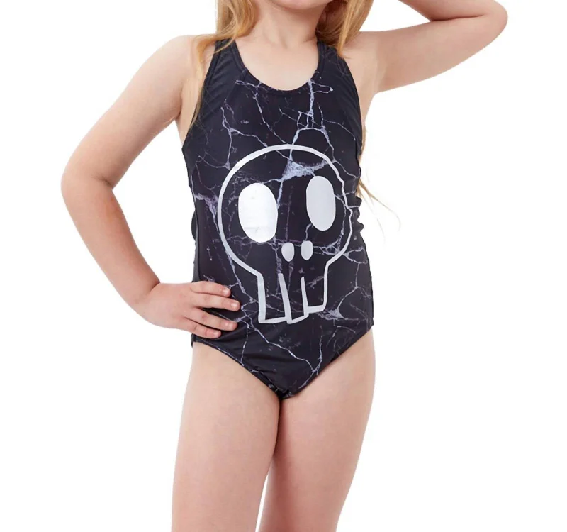 Kids Girls Sporty One Piece Swimsuit In Skull