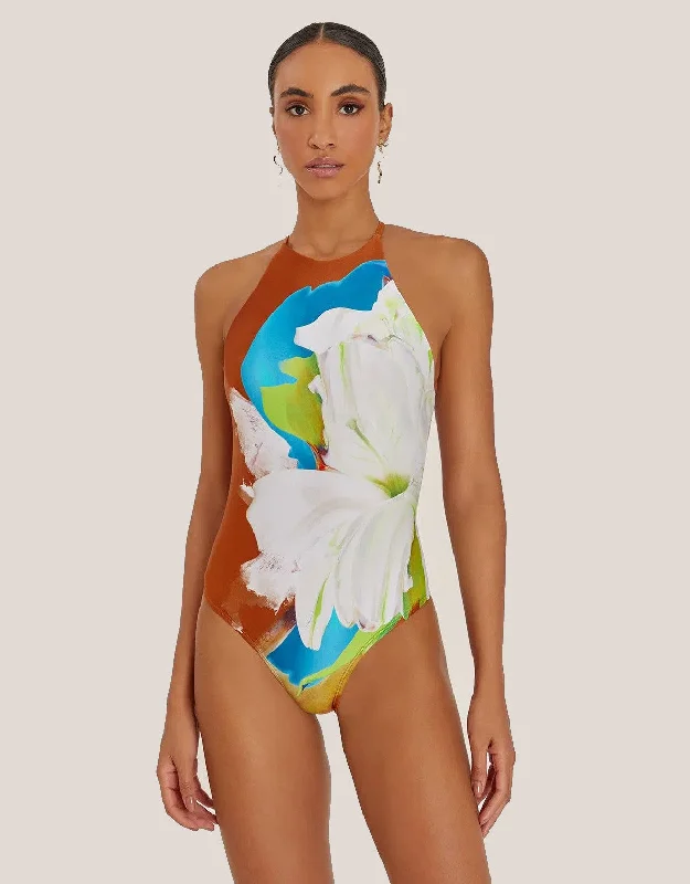 Straps High Neck One piece in Bloom