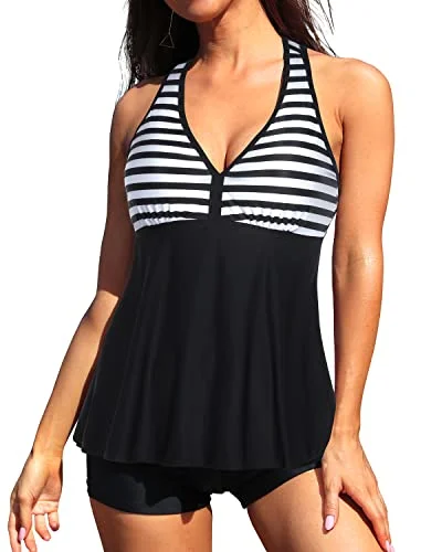 Loose Fit Tankini Top Racerback And Tummy Control Boyshort-Black And White Stripe