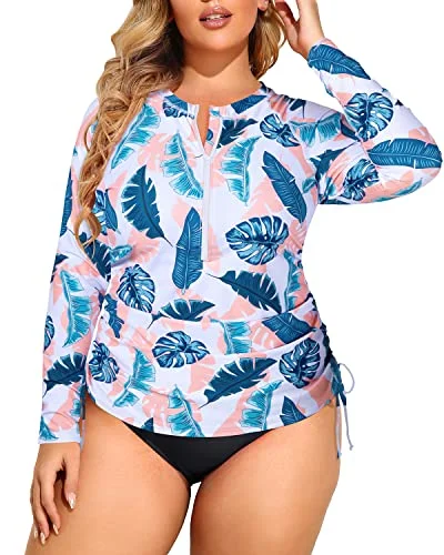 Plus Size Women's Long Sleeve Zipper Rash Guard Swimsuit Two Piece UPF 50+