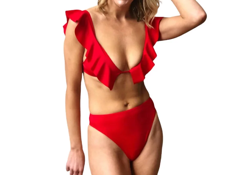 Solid High Waist Bikini Bottom In Red