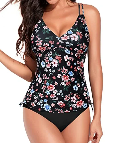 Sexy Mid Rise Swim Bottom Tankini Swimsuits For Women-Black Flowers